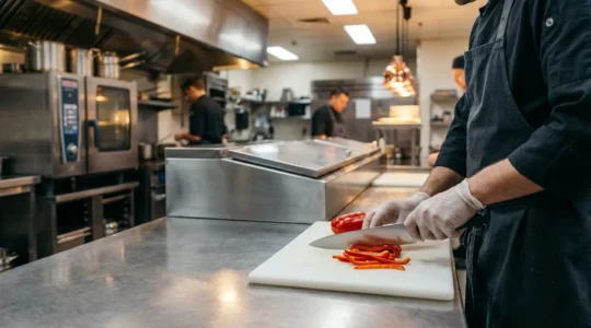 Chef professionnel travaillant sur un plan de travail en inox dans une cuisine commerciale