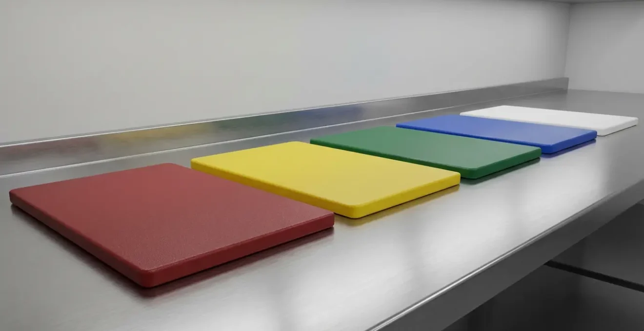 Ensemble de planches à découper colorées selon le code HACCP disposées sur un plan de travail en inox