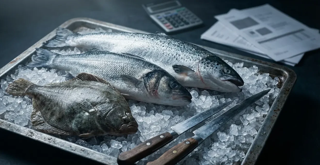 Poissons frais entiers sur glace pilée avec outils de filetage et calculatrice professionnelle en arrière-plan