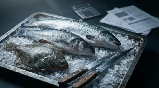 Poissons frais entiers sur glace pilée avec outils de filetage et calculatrice professionnelle en arrière-plan