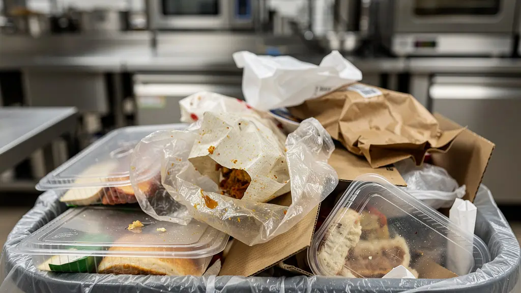 Poubelle de cuisine professionnelle débordant d'emballages alimentaires jetables et barquettes plastique