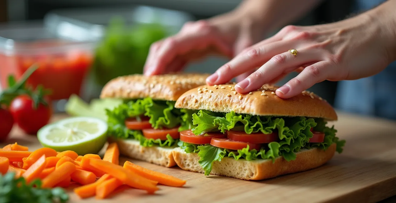 Vue macro sur des mains préparant des sandwichs avec mise en place organisée