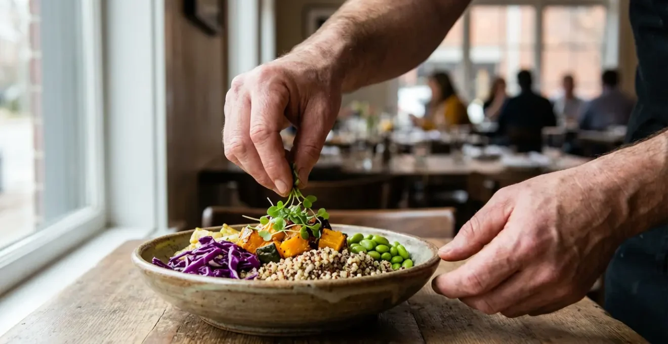 Présentation gastronomique d'un plat de céréales anciennes coloré et texturé