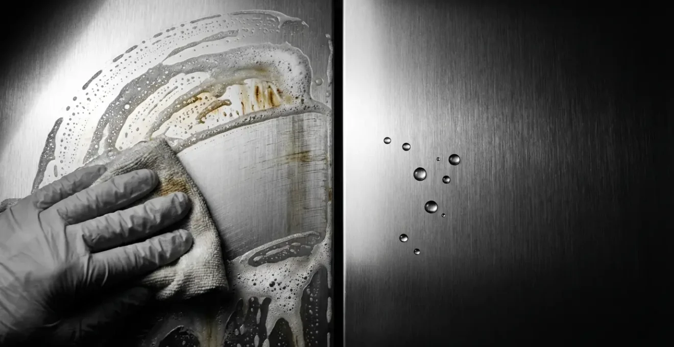 Vue détaillée du processus de nettoyage professionnel d'une surface inox