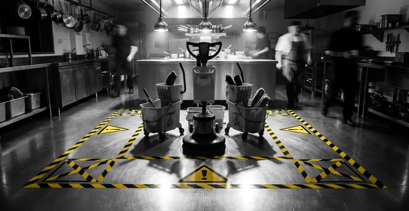 Zone de sécurité délimitée en cuisine suite à un incident de bris de verre