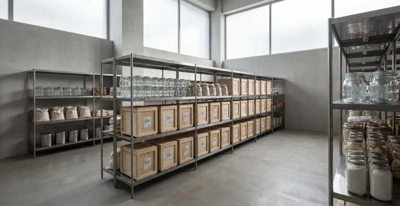 Vue d'un économat de restaurant moderne avec organisation méthodique des stocks et étagères soigneusement rangées