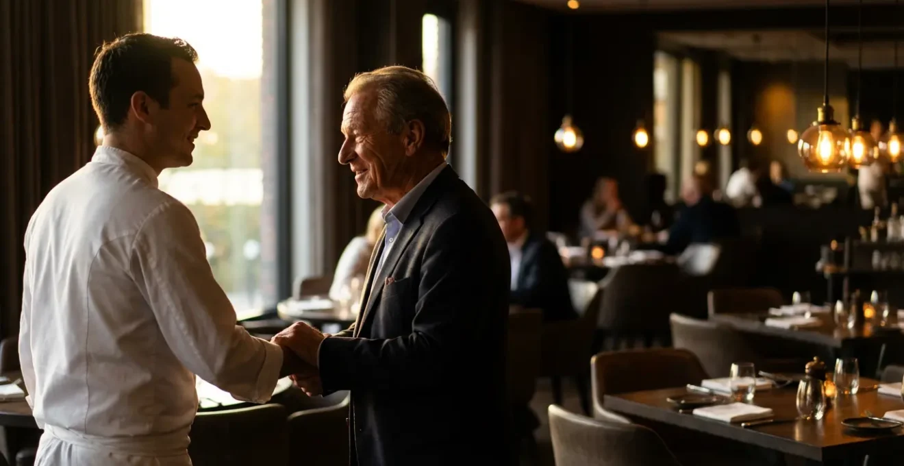 Vue d'un restaurant gastronomique avec un chef accueillant chaleureusement un client régulier dans une ambiance sophistiquée