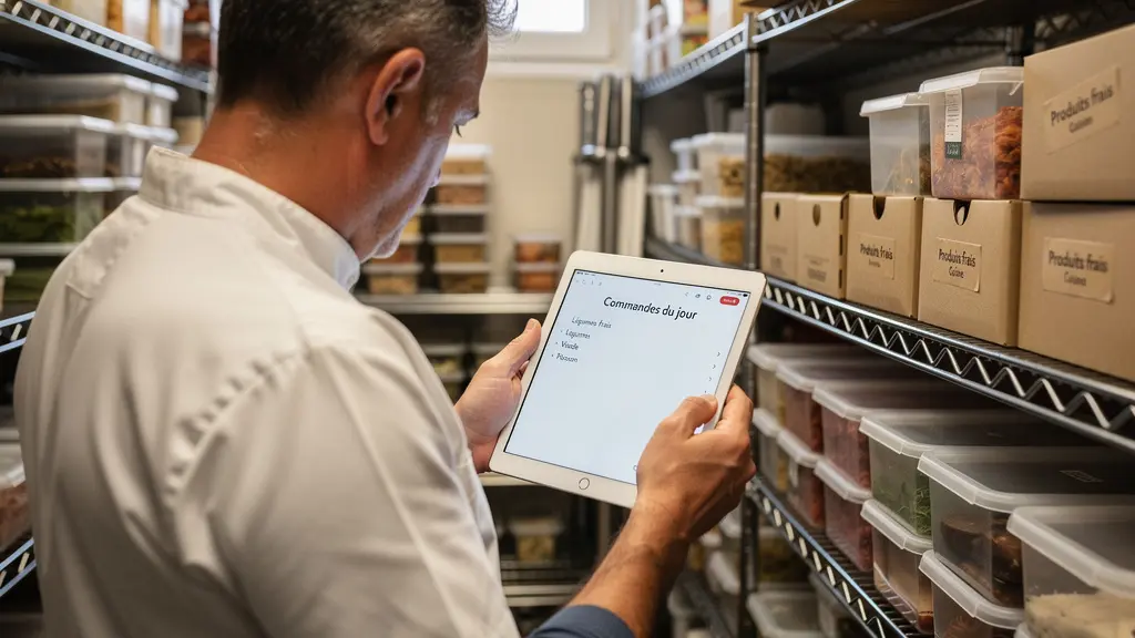 Restaurateur consultant son stock de boîtes alimentaires kraft dans sa réserve