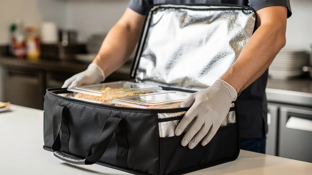 Sac de livraison ouvert avec barquettes alimentaires empilées prêtes pour le transport