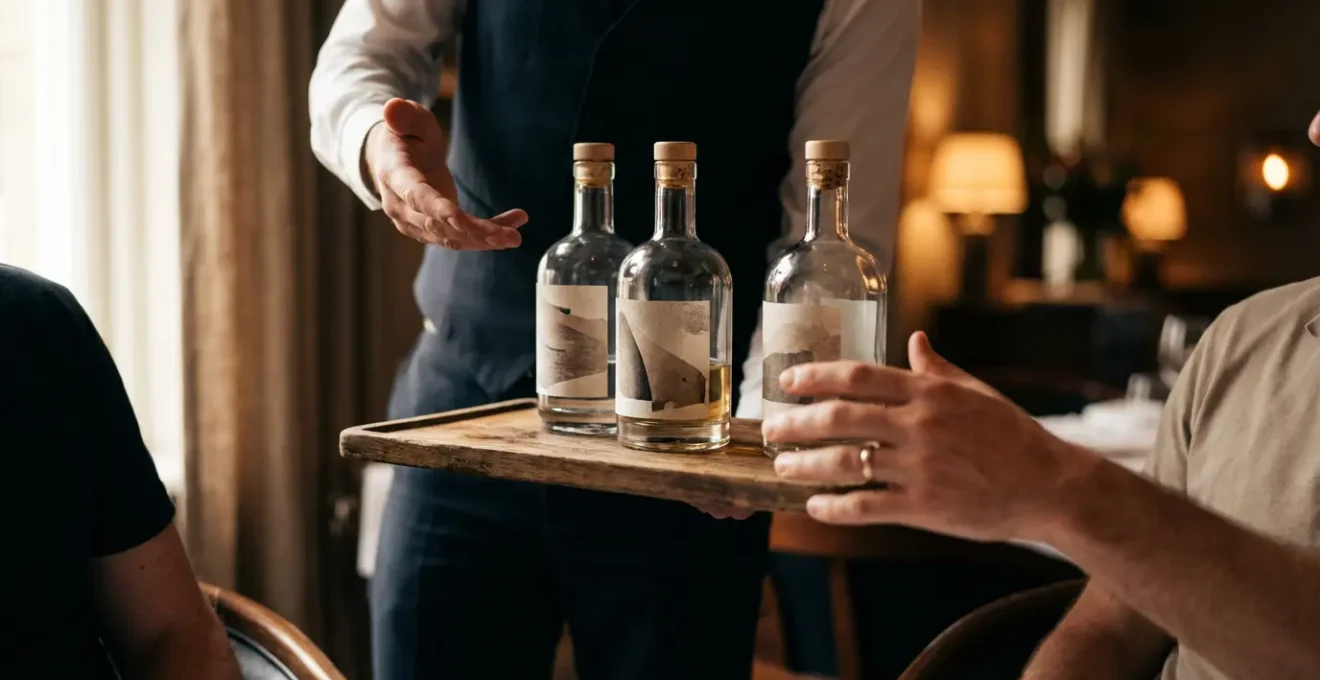 Serveur présentant élégamment une sélection d'huiles d'olive à des clients dans un restaurant raffiné