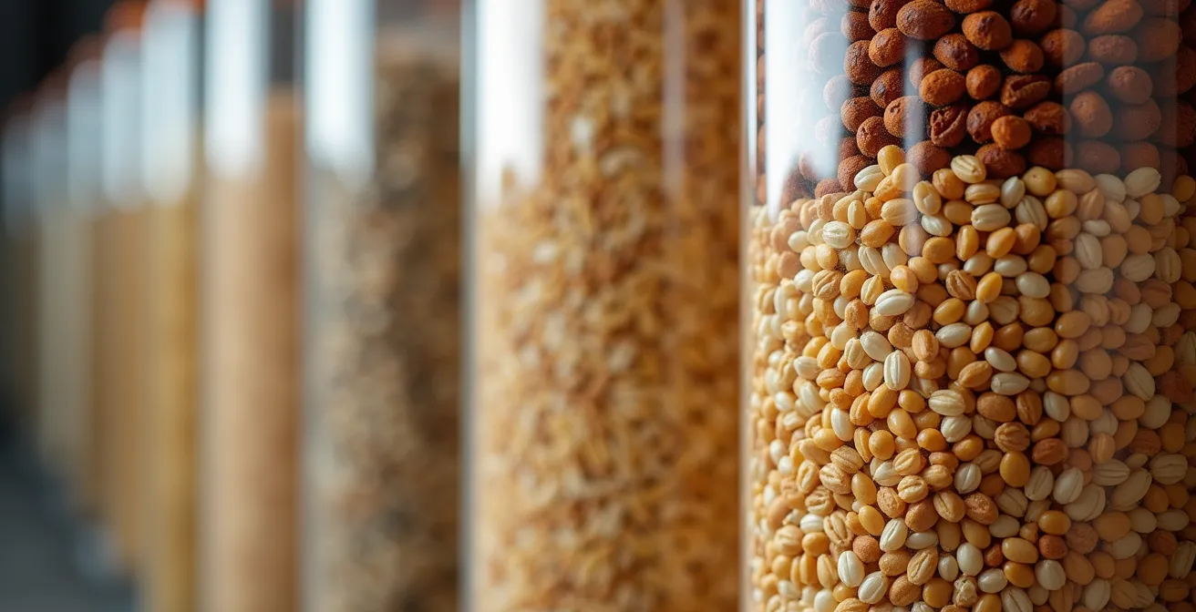 Rangée de silos transparents contenant différentes céréales et légumineuses dans une réserve de restaurant