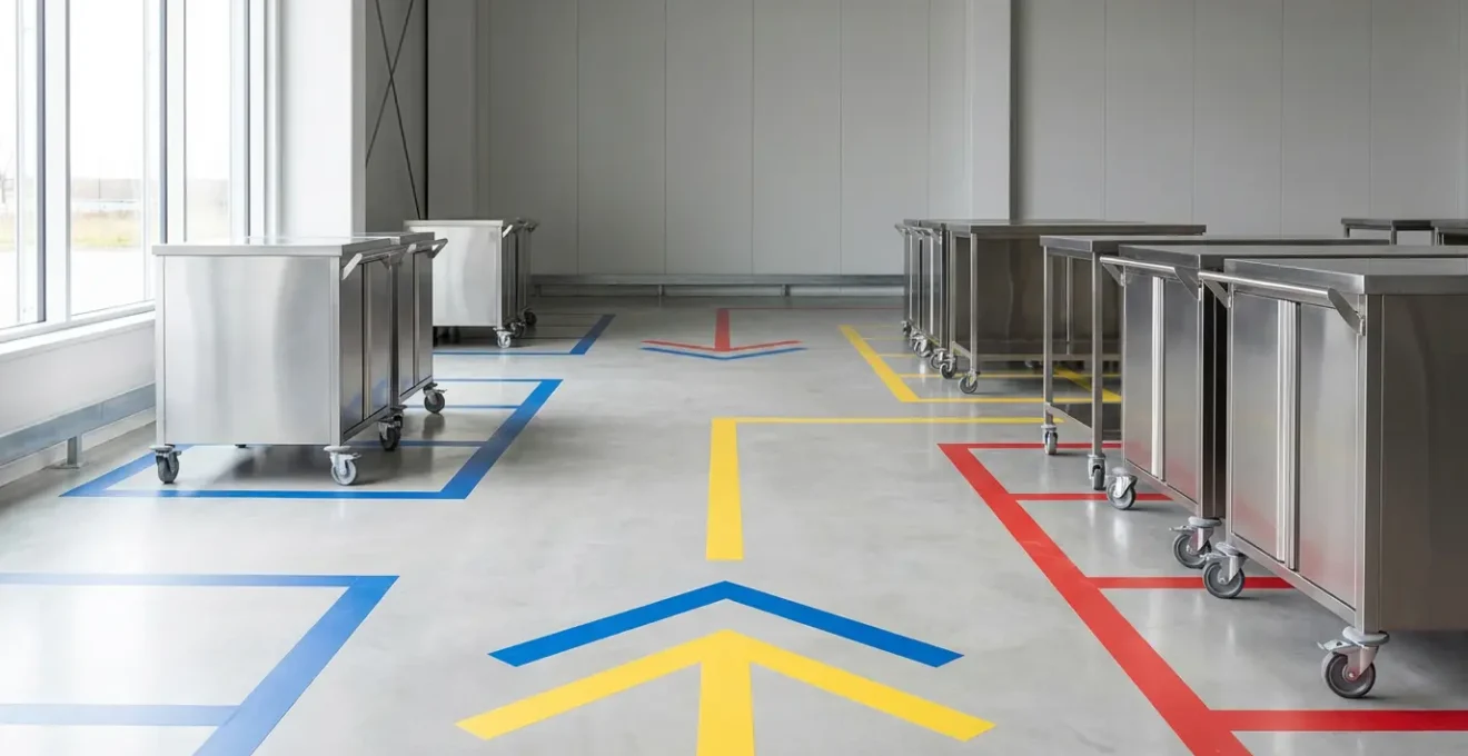 Couloir de cuisine avec marquage au sol directionnel et zones de stockage temporaire