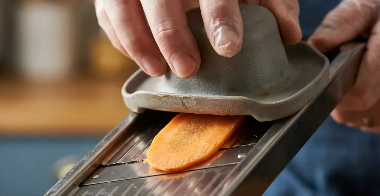 Gros plan sur les mains d'un chef utilisant le poussoir de sécurité d'une mandoline avec un mouvement fluide et contrôlé