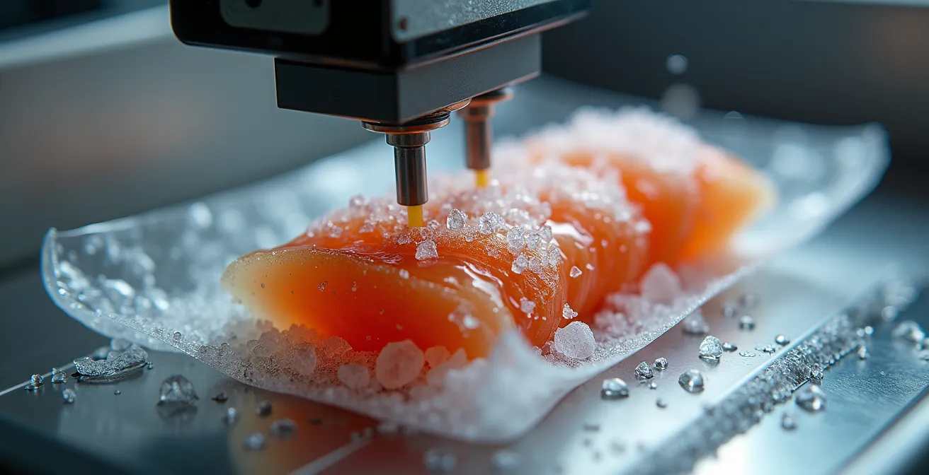Gros plan sur une machine à cloche professionnelle scellant un sachet contenant des liquides congelés