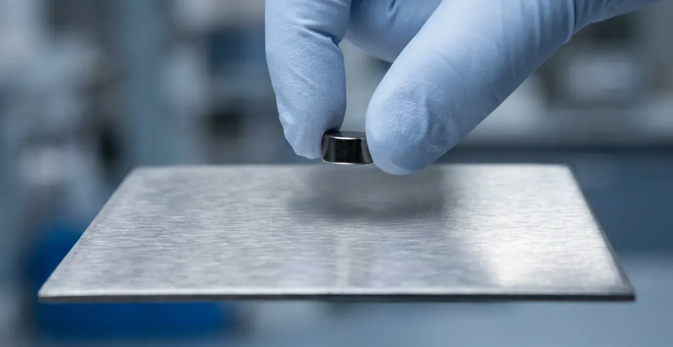 Gros plan sur une main effectuant le test de l'aimant sur une surface en inox