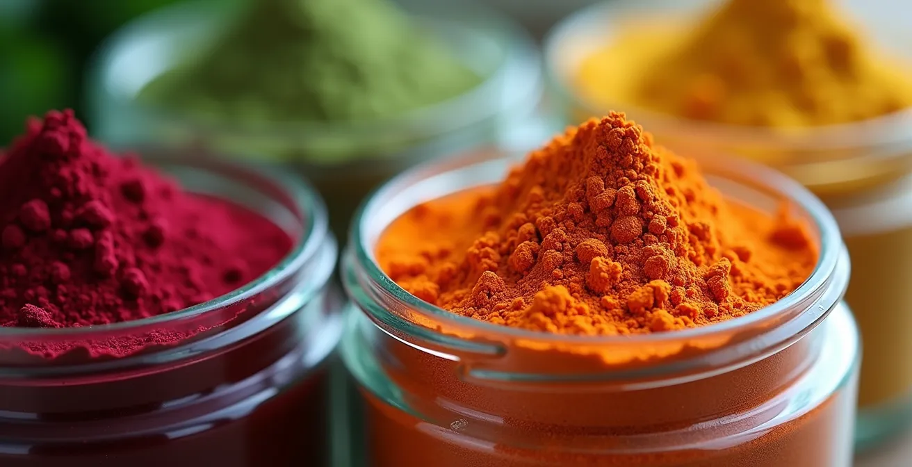 Poudres colorées de légumes déshydratés dans des bocaux en verre