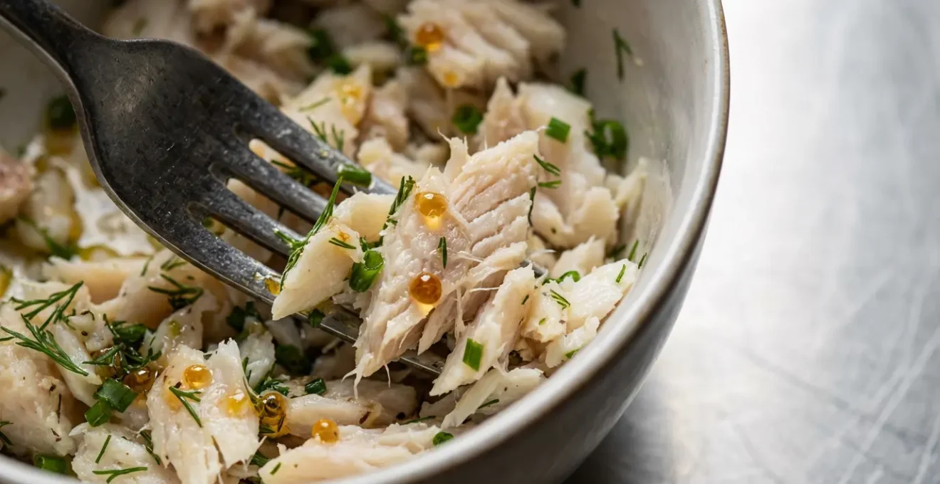 Gros plan sur la préparation artisanale de rillettes de poisson dans une cuisine professionnelle