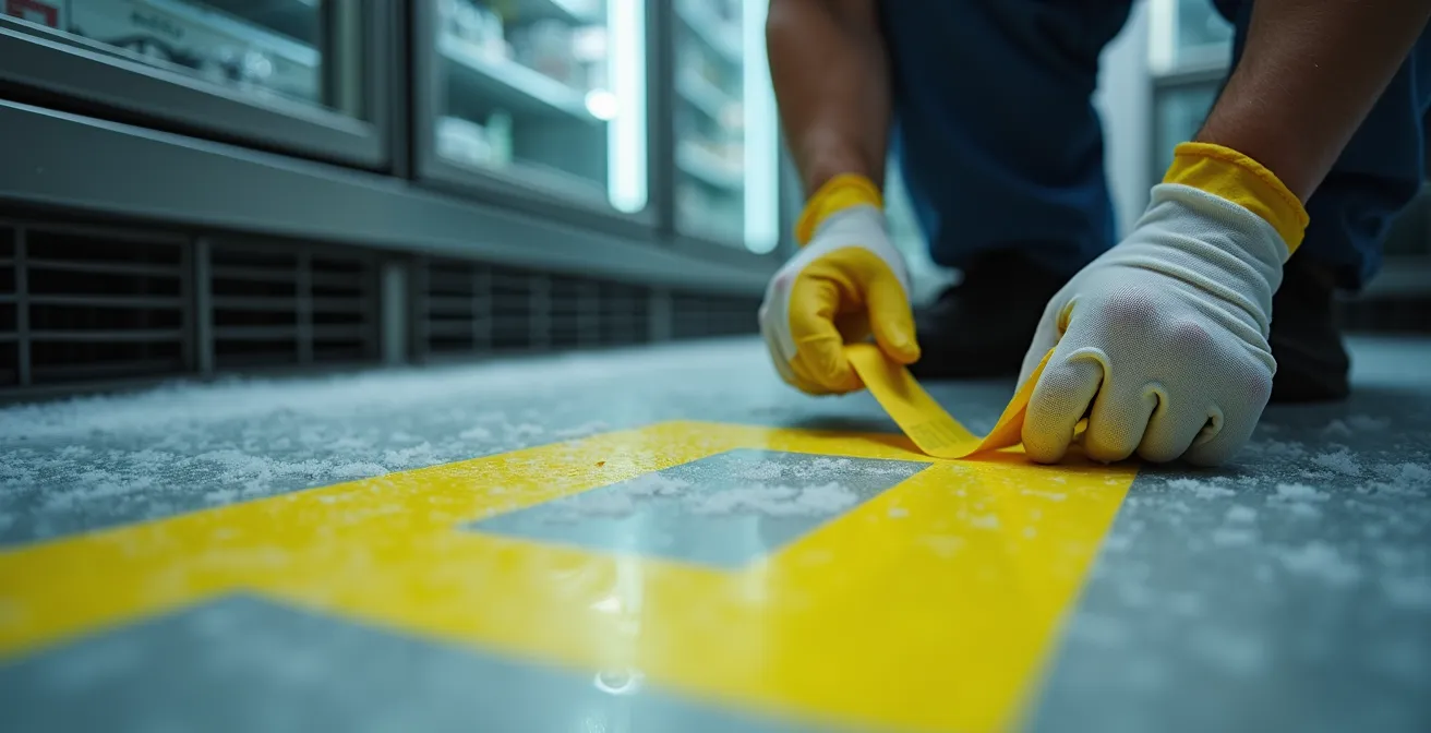 Marquage au sol de la zone d'exclusion autour de l'évaporateur dans une chambre froide